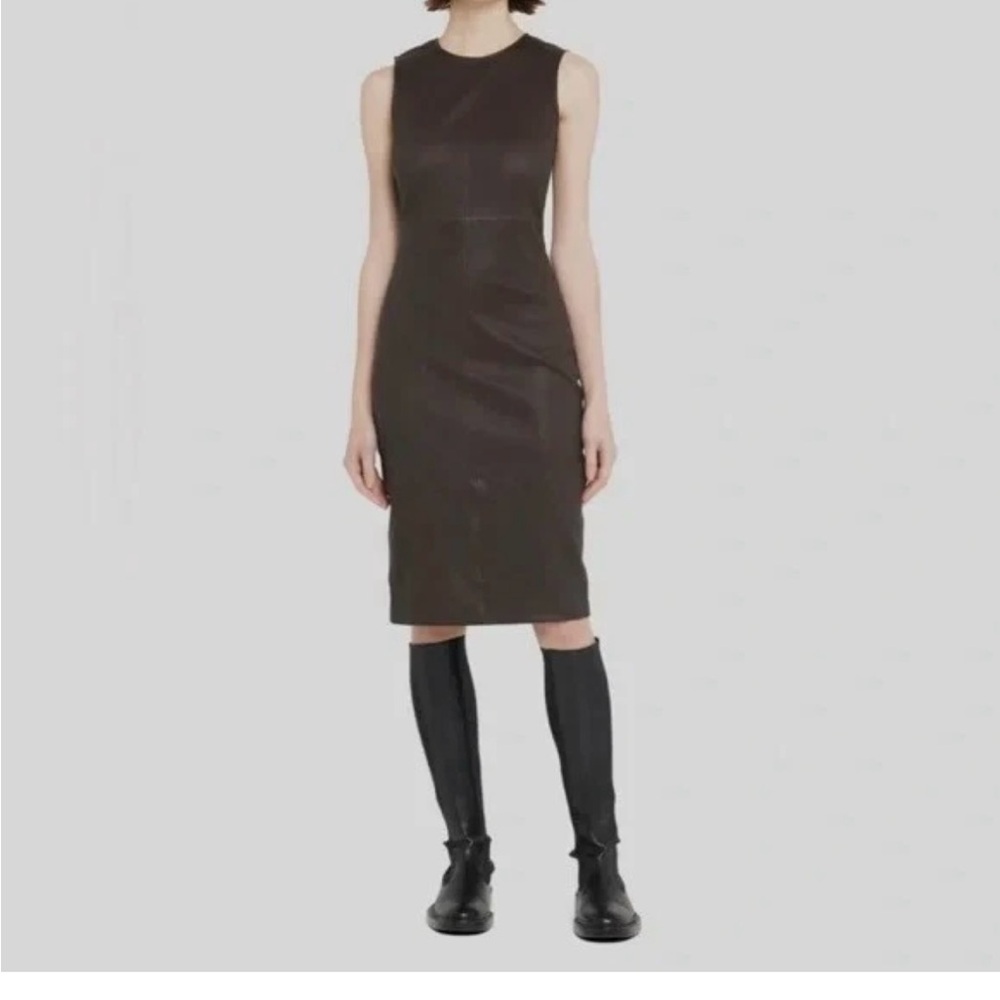 Theory Leather Chocolate Brown Sleeveless  Midi Dress NWT $995